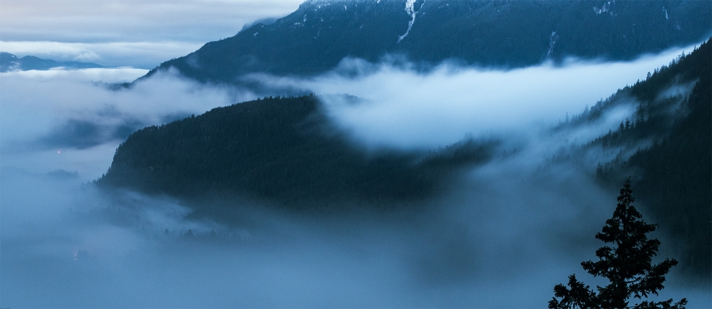 Fog in the Valley, Cheakamus River Valley, From Tantalus Lookout, Sea to Sky Highway, Near Squamish, British Columbia, Canada