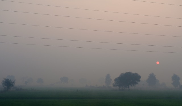 Smokey Sunrise, Delhi to Agra train, Uttar Pradesh, India