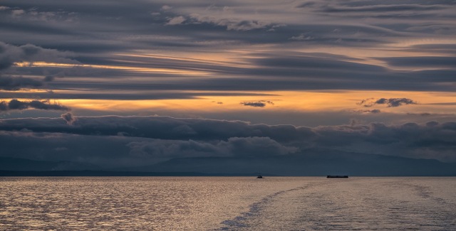 Tug and Barge at Sunset, The Strait of Georgia, BC Ferry, Nanaimo to Horseshoe Bay, British Columbia, Canada