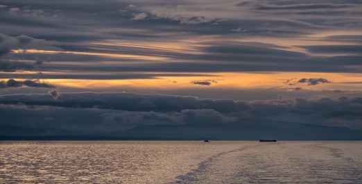 Tug and Barge at Sunset, Strait of Georgia, BC Ferries, Nanaimo to Horseshoe Bay, British Columbia, Canada