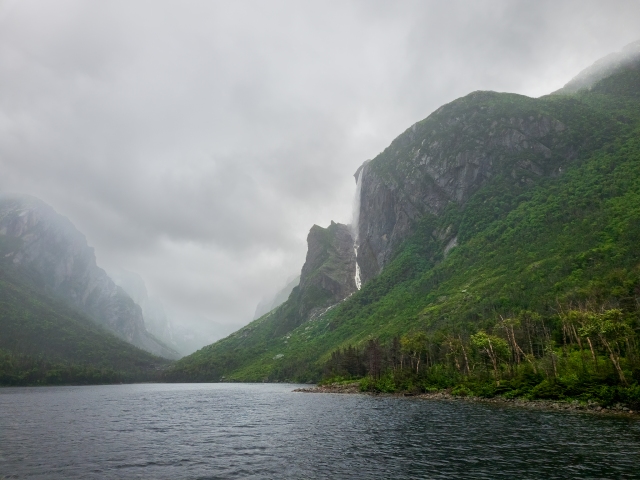 Waterfall in the Mist, Western Brook Pond, Gros Morne National Park, Newfoundland, Canada